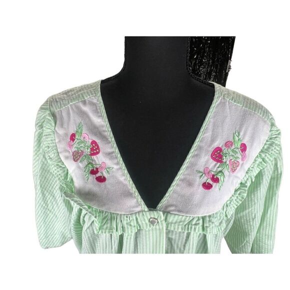 Vintage simply basic green white stripes strawberry collar housecoat MuMu 1x - Picture 4 of 6